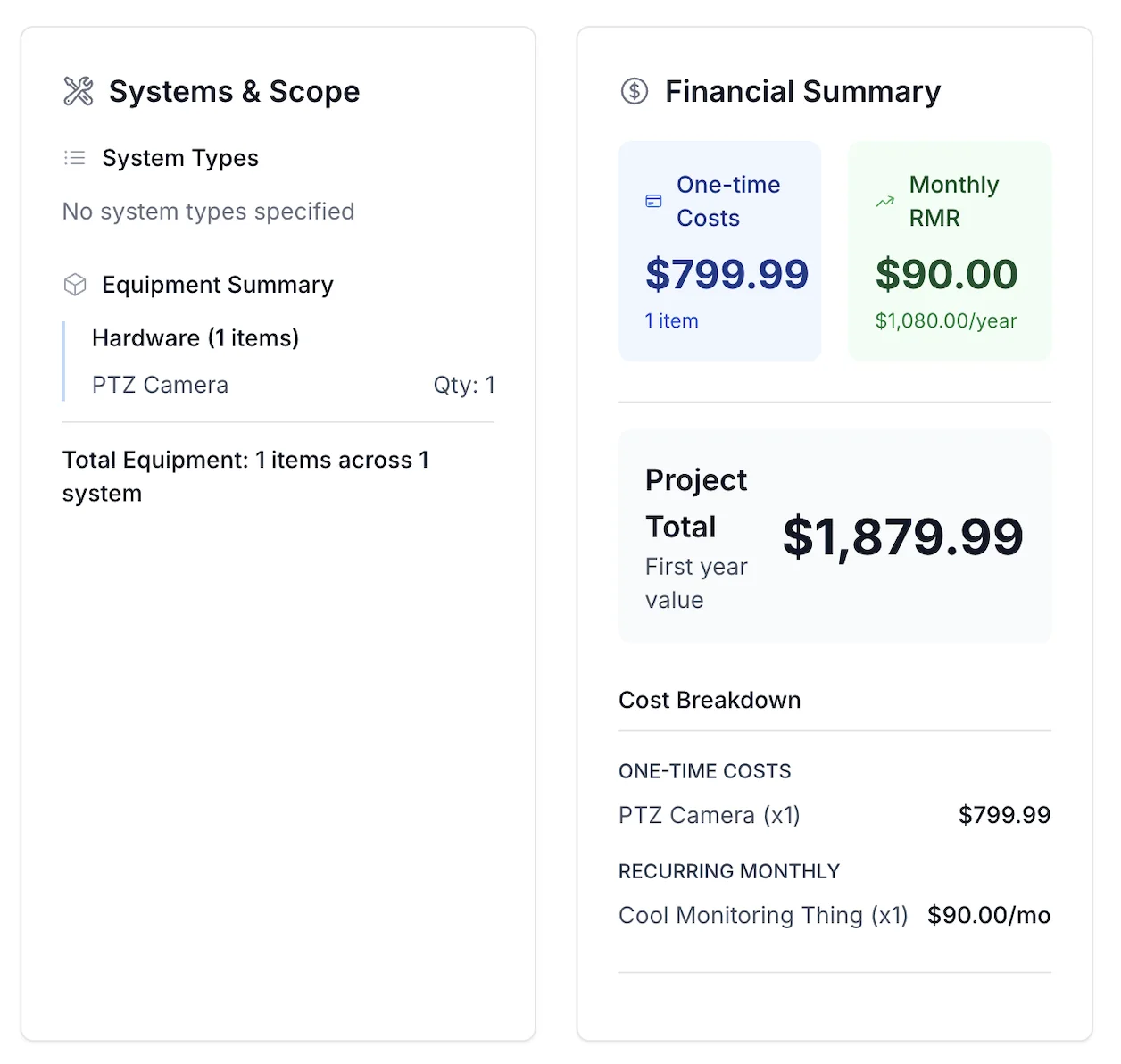 CleanOps proposal showing systems and scope, financial summary with one-time costs and monthly RMR