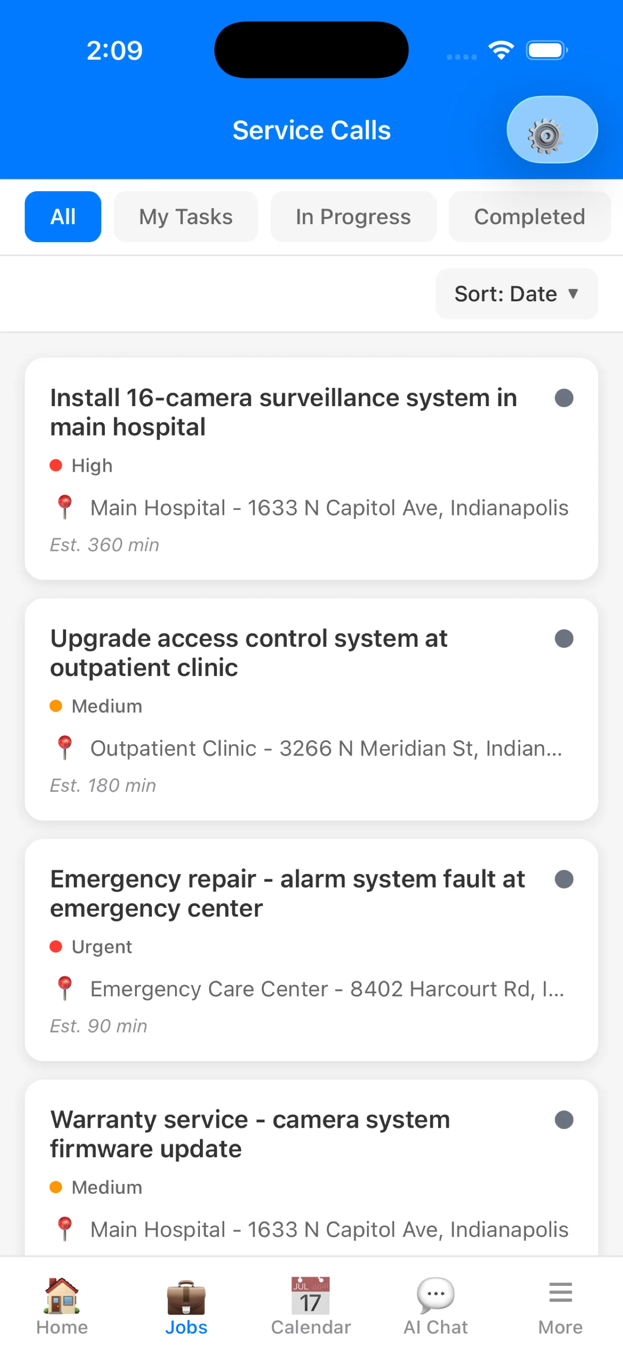 CleanOps mobile app showing service calls list with priorities and locations